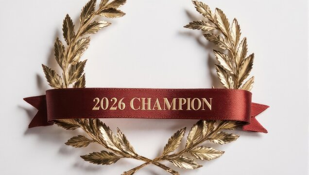 Golden Laurel Wreath with 2026 Champion Ribbon, Symbol of Victory. - Powered by Adobe