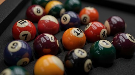 Close-up of a neatly organized rack of billiard balls arranged in three rows with numbers and various colors visible placed inside a black pool table cabinet.