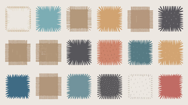 Collection of colorful abstract square patterns with spiky edges, showcasing various textures and hues