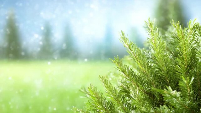 Nature's Serenity: A tranquil moment of a lush evergreen plant against the backdrop of a bright green meadow, evoking feelings of serenity and renewal. 