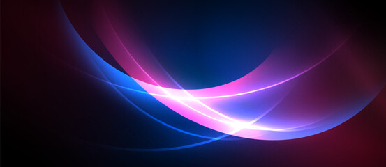 Abstract design features flowing curves, vibrant blues, pinks, purple hues. Light radiates from central point, creating dynamic visual effect.