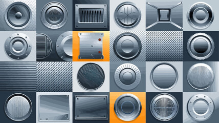 A collection of various circular and geometric design elements in metallic and reflective finishes