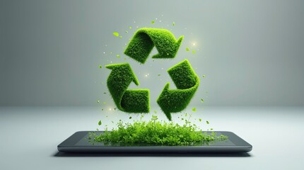 Digital tablet in the air having three triangular shapes floating green recycle symbol made of grass on it.