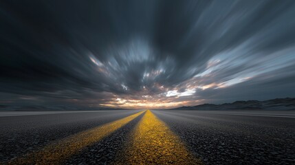 Dramatic endless highway leading into stormy sunset sky