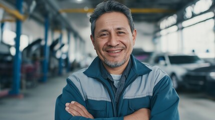 A happy, confident, middle-aged man in a uniform stands with folded arms in a blurred auto garage