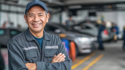 Smiling mature mechanic standing with arms crossed in auto repair shop