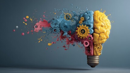 Creative brain shaped light bulb exploding with colored paint