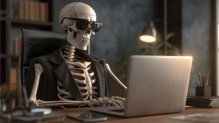 Cool skeleton in suit and sunglasses working on laptop