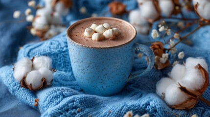 Cozy hot chocolate with marshmallows wrapped in blue knit scarf