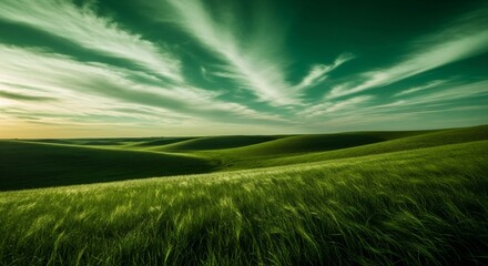 Rolling green hills covered with tall grass under a dramatic sky. Natural landscape with vibrant hue. Color of 2026 year concept.