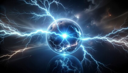 Szklana, pusta kula z widocznymi wyładowaniami elektrycznymi wewnątrz. Mikro pioruny w szklanej kuli.