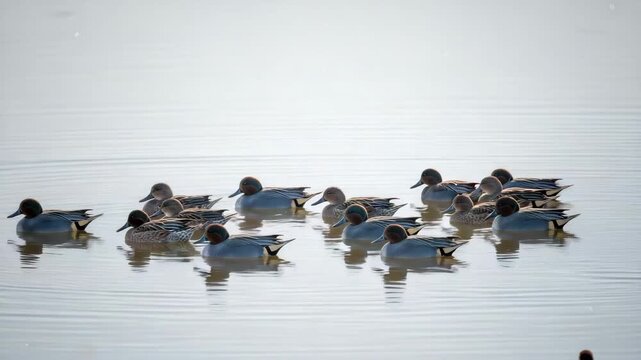 A group of elegant pintail ducks swimming calmly on tranquil water
