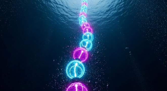 Glowing Neon Orbs Chain Submerged in Dark Water with Bubbles and Light Reflections