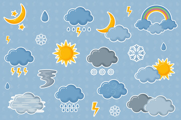 Fototapeta premium Cute cartoon weather sticker collection with watercolour texture isolated on blue background.Moon, stars, sun, clouds, rain, snow, wind, rainbow, lightning, temperature.Vector illustration.