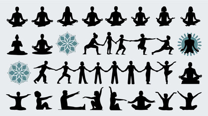A collection of various yoga poses and group activities, including meditation, stretching, and partner exercises, depicted in black silhouettes