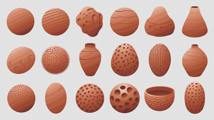 Collection of various terracotta pottery pieces with different shapes and textures, showcasing traditional craftsmanship