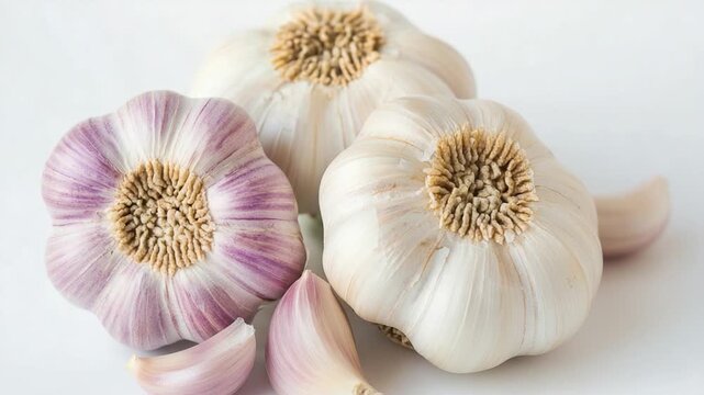 Video Three heads of garlic and two heads of garlic placed on a white surface