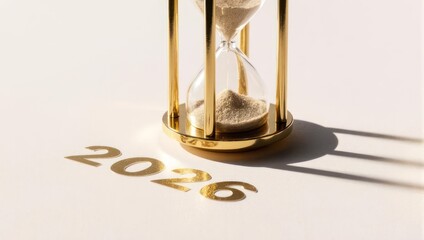 Golden hourglass casting shadow of 2026 on a light surface, symbolizing the passage of time and future year.