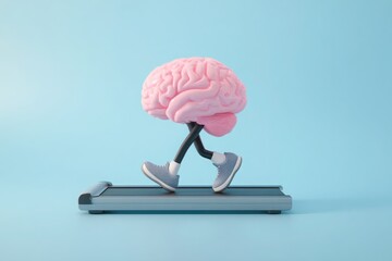Cartoon brain character exercising on a treadmill promoting mental fitness and health