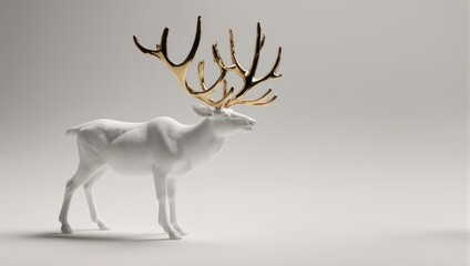 White Reindeer with Golden Antlers Standing on a Light Background.