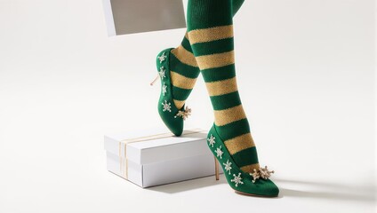 Womans legs in festive green and gold striped tights and decorative high heel shoes.