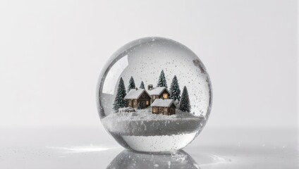 Snow globe with miniature village and trees, winter scene.