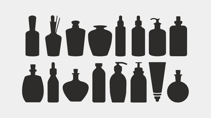 Collection of various perfume bottles and dispensers in black silhouette style