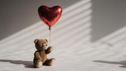 Teddy bear holding a heart-shaped balloon, love concept.