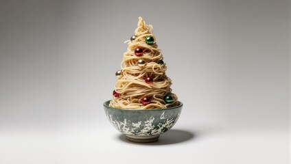 Unique Christmas Tree Sculpture with Ornaments in a Decorative Bowl.