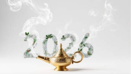 Golden Lamp with 2026 Smoke, New Year Wishes.