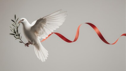 White dove flying with olive branch and red ribbon symbolizing peace and hope.