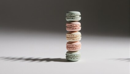 Stack of Colorful Macarons on a White Surface with Dramatic Shadows.