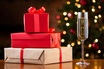 Christmas presents and champagne celebrate holiday season background