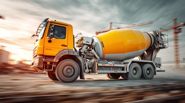 Dynamic advertising shot of a concrete mixer truck pouring fresh cement on a construction site, with motion blur emphasizing the flowing concrete, speed, and industrial building power.
