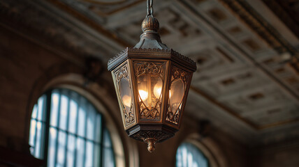 An antique brass lantern hangs from the ceiling of an old train station the light is on and illuminates the room with its warm glow intricate architectural details are in the background. Ai generated
