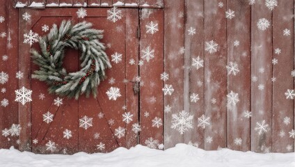 Winter Wonderland - Rustic Barn Door with Festive Wreath and Falling Snowflakes.