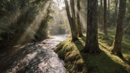 Sunlight filtering through a lush forest onto a flowing river, creating a serene natural landscape.