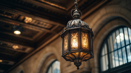An antique brass lantern hangs from the ceiling of an old train station the light is on and illuminates the room with its warm glow intricate architectural details are in the background. Ai generated