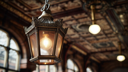 An antique brass lantern hangs from the ceiling of an old train station the light is on and illuminates the room with its warm glow intricate architectural details are in the background. Ai generated