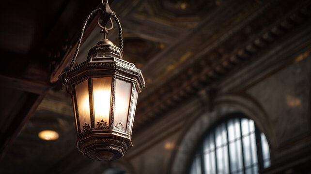 An antique brass lantern hangs from the ceiling of an old train station the light is on and illuminates the room with its warm glow intricate architectural details are in the background. Ai generated