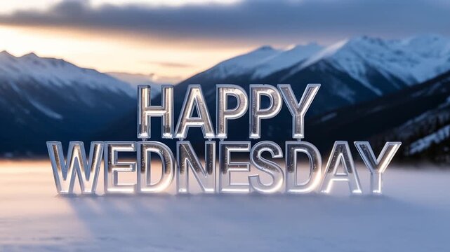 Scenic happy wednesday greeting with mountain sunset and bold text