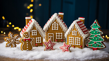 Gingerbread houses and decorated cookies on snowy surface with warm string lights in festive holiday scene