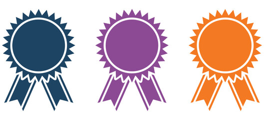 Award ribbons set in blue, purple, and red, prize rosettes for first place winners, vector illustration, recognition and achievement concept, digital graphic for events, competitions, websites, apps, 