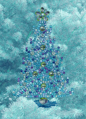 Christmas tree surrounded with a pine forest in a composite with colorful trim ornaments in rhinestones glistening brightly.