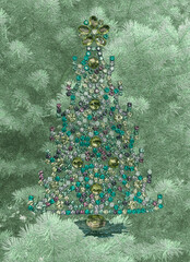 Christmas tree surrounded with a pine forest in a composite with colorful trim ornaments in rhinestones glistening brightly.