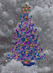 Christmas tree surrounded with a pine forest in a composite with colorful trim ornaments in rhinestones glistening brightly.