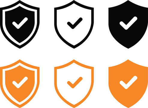 Protected shield icon set. Protection approve sign Shield with check mark on circle button. Security vector black icon orange check mark icon