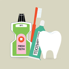 Clean vector illustration featuring dental hygiene essentials including mouthwash, toothpaste, toothbrush, and a white tooth. Ideal for dentistry, oral health, medical, and hygiene-related designs.