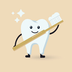 Cute Tooth Character with Toothbrush, Pediatric dentistry. Vector Illustration.