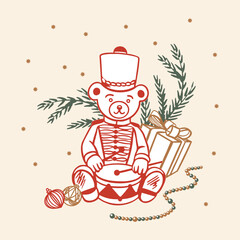 Teddy bear soldier with a drum, a gift and fir branches. Hand drawn line art pastel vector illustration for Christmas and New Years cards. Also suitable for window stickers, banners and posters.